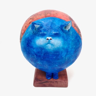 Скульптура под названием "Chat bleu, série Ca…" - Eleanor Gabriel, Подлинное произведение искусства, Дерево