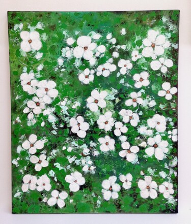 Painting titled "Fleurs blanches" by Eleanor Gabriel, Original Artwork, Acrylic Mounted on Wood Stretcher frame