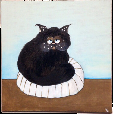 Painting titled "Chat noir au coussin" by Eleanor Gabriel, Original Artwork, Acrylic