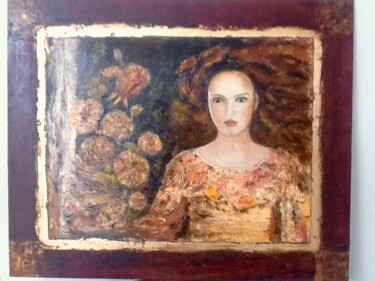 Painting titled "Femme et fleurs" by Electre, Original Artwork, Oil Mounted on Other rigid panel