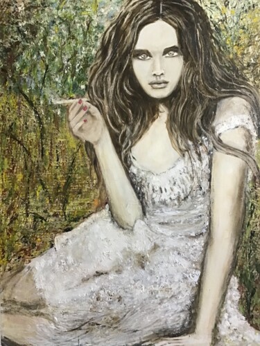 Painting titled "Hippie à la cigaret…" by Electre, Original Artwork, Oil Mounted on Other rigid panel