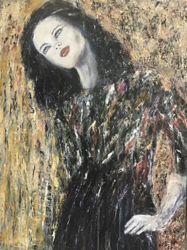 Painting titled "La gitane" by Electre, Original Artwork, Oil Mounted on Wood Panel