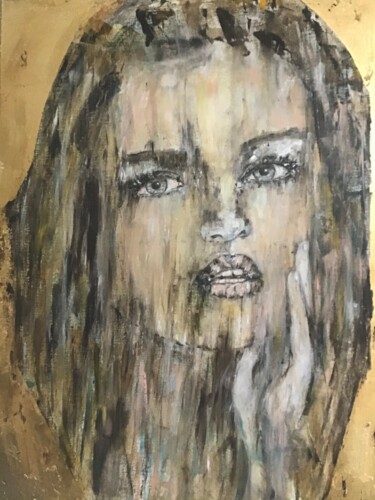 Painting titled "La fille aux yeux g…" by Electre, Original Artwork, Oil Mounted on Wood Stretcher frame