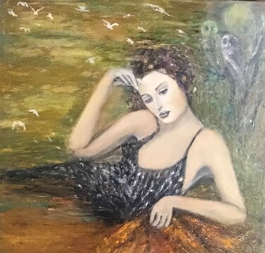 Painting titled "Clair de lune" by Electre, Original Artwork, Oil Mounted on Wood Stretcher frame