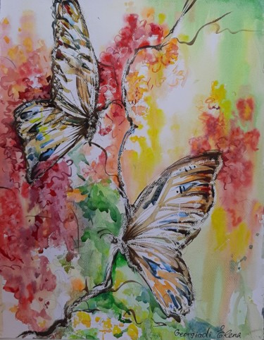 Painting titled "Butterflies in the…" by Elena Georgiadi, Original Artwork, Watercolor