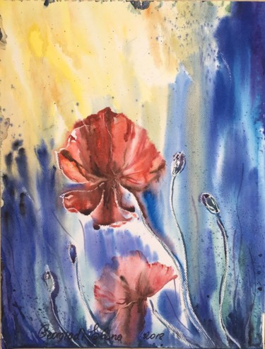 Painting titled "Red poppy" by Elena Georgiadi, Original Artwork, Watercolor