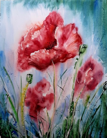 Painting titled "Red poppies" by Elena Georgiadi, Original Artwork, Watercolor