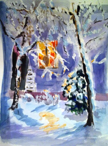 Painting titled "ОГОНЕК В НОЧИ." by Elen Ruzh, Original Artwork, Watercolor