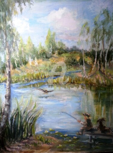 Картина под названием "на рыбалке с другом" - Elen Ruzh, Подлинное произведение искусства, Масло