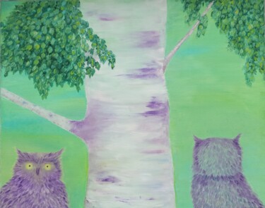 Картина под названием "Фиолетовые совы.Hib…" - Елена Афанасьева, Подлинное произведение искусства, Масло Установлен на Дерев…