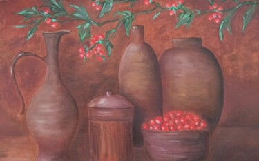 Painting titled "Still life with pot…" by Elena Afanasyeva, Original Artwork, Oil Mounted on Wood Stretcher frame