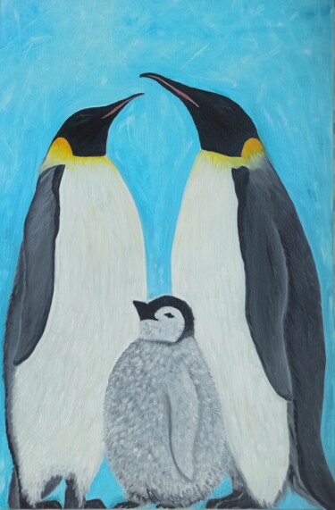 Картина под названием "Семья Пингвинов. Pe…" - Елена Афанасьева, Подлинное произведение искусства, Масло Установлен на Дерев…