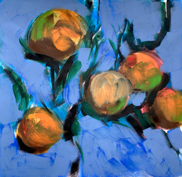Peinture intitulée "Peaches on a blue" par Elena Aleksandrova, Œuvre d'art originale, Acrylique