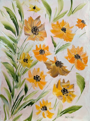 Schilderij getiteld "Flowers of the sun" door Elena Artgent, Origineel Kunstwerk, Olie Gemonteerd op Frame voor houten branc…