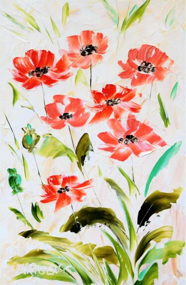Painting titled "Red poppies" by Elena Artgent, Original Artwork, Oil