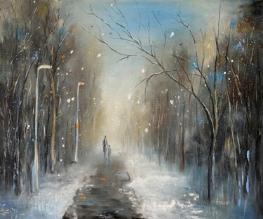 Painting titled "Snow-covered alley.…" by Elena Artgent, Original Artwork, Oil Mounted on Wood Stretcher frame