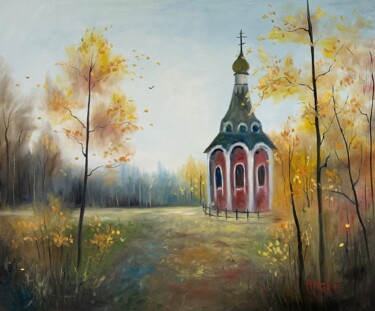 Painting titled "Temple. Autumn land…" by Elena Artgent, Original Artwork, Oil Mounted on Wood Stretcher frame