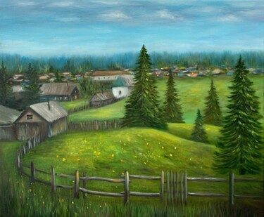 Painting titled "Summer landscape" by Elena Artgent, Original Artwork, Oil Mounted on Wood Stretcher frame