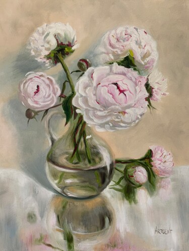 Painting titled "Peonies in a vase" by Elena Artgent, Original Artwork, Oil Mounted on Wood Stretcher frame