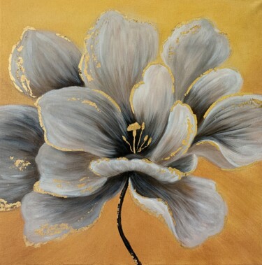 Painting titled "Peony on gold" by Elena Artgent, Original Artwork, Acrylic Mounted on Wood Stretcher frame