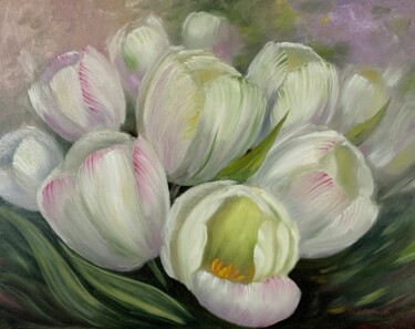 Painting titled "Tulips" by Elena Artgent, Original Artwork, Oil Mounted on Wood Stretcher frame