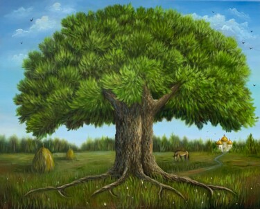 Painting titled "Family tree" by Elena Artgent, Original Artwork, Oil Mounted on Wood Stretcher frame