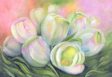 Painting titled "Tulips. (petite siz…" by Elena Artgent, Original Artwork, Oil Mounted on Wood Panel