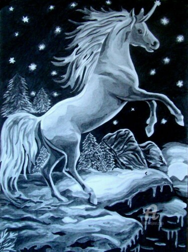 Schilderij getiteld "Единорог в ночи" door Elena Barabanova (Barelalex), Origineel Kunstwerk, Potlood