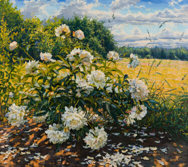 Pintura intitulada "Peonies" por Elena Barkhatkova, Obras de arte originais, Óleo