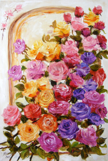 Malarstwo zatytułowany „Trandafiri curcubeu…” autorstwa Elena Bissinger, Oryginalna praca, Olej