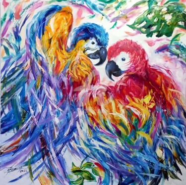 Painting titled "Parrot , art Bissin…" by Elena Bissinger, Original Artwork, Oil Mounted on Wood Stretcher frame