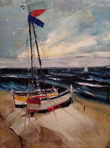 Картина под названием "Лодки на берегу" - Elena Borodki, Подлинное произведение искусства, Пигменты