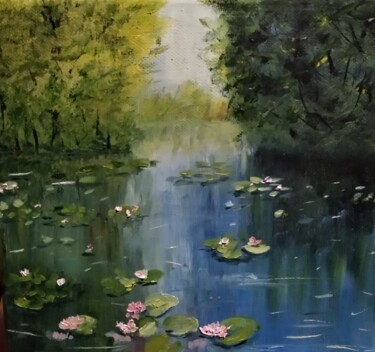 Painting titled "Летом на озере." by Elena Borodki, Original Artwork, Oil