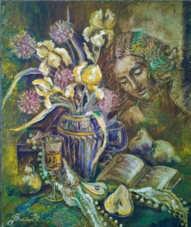 Painting titled "Still life with iri…" by Elena Boyko, Original Artwork, Oil