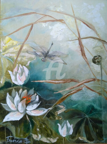 Peinture intitulée ""Лотосы и стрекоза"" par Elena Boyko, Œuvre d'art originale, Huile
