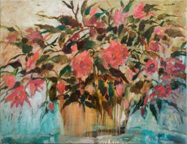 Картина под названием "Blooming begonia in…" - Elena Branovitskaya, Подлинное произведение искусства, Масло Установлен на Де…