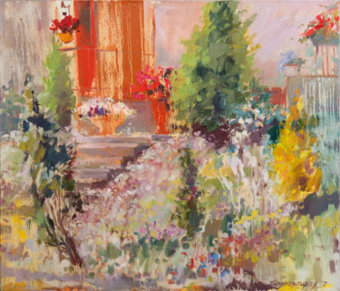 Painting titled "Blooming garden" by Elena Branovitskaya, Original Artwork, Oil Mounted on Wood Stretcher frame
