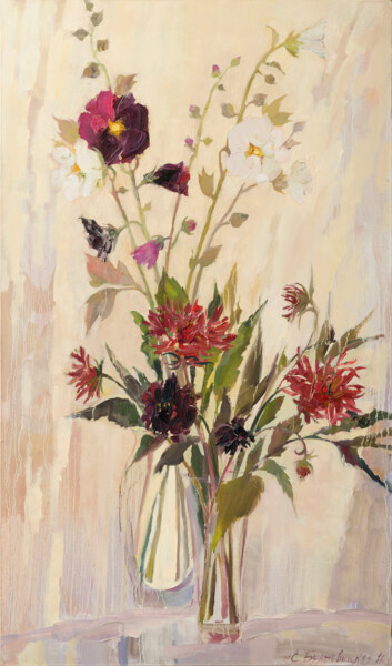 Painting titled "mallow and dahlias" by Elena Branovitskaya, Original Artwork, Oil Mounted on Wood Stretcher frame