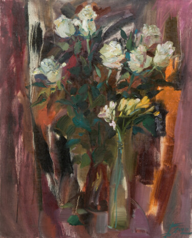 Schilderij getiteld "White roses and fre…" door Elena Branovitskaya, Origineel Kunstwerk, Olie Gemonteerd op Frame voor hout…