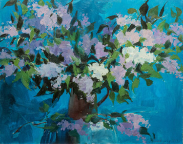 Картина под названием "Lilac branches on b…" - Elena Branovitskaya, Подлинное произведение искусства, Масло Установлен на Де…