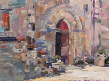 Painting titled "Entrance to the chu…" by Elena Branovitskaya, Original Artwork, Oil Mounted on Wood Stretcher frame