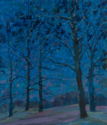 Painting titled "Blue evening" by Elena Branovitskaya, Original Artwork, Oil Mounted on Wood Stretcher frame