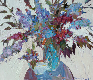 Painting titled "Lilac branches in a…" by Elena Branovitskaya, Original Artwork, Oil Mounted on Wood Stretcher frame