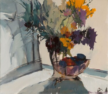 Painting titled "Near the window" by Elena Branovitskaya, Original Artwork, Oil Mounted on Wood Stretcher frame