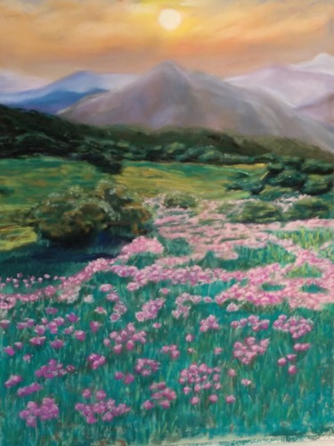 Painting titled "Paisaje con flores" by Elena Checa, Original Artwork, Pastel