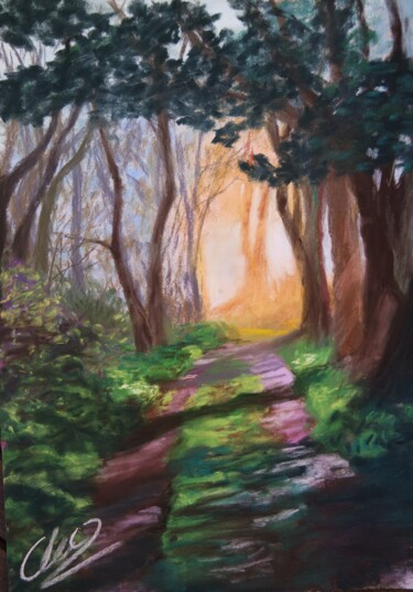 Painting titled "Atardecer en el bos…" by Elena Checa, Original Artwork, Pastel