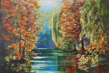 Painting titled "Automne" by Elena Cotté, Original Artwork, Oil Mounted on Wood Stretcher frame