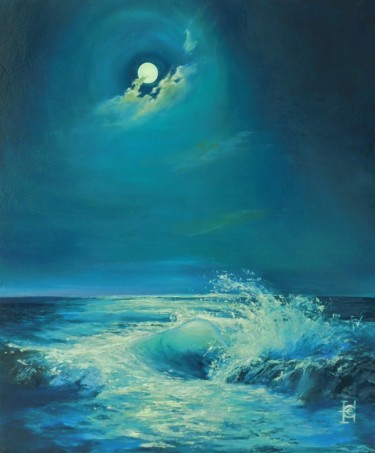 Painting titled "Vague: "Pleine lune"" by Elena Cotté, Original Artwork, Oil Mounted on Wood Stretcher frame