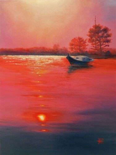 Painting titled "Coucher du soleil.…" by Elena Cotté, Original Artwork, Oil Mounted on Wood Stretcher frame