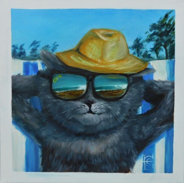 Painting titled "Les chats en vacanc…" by Elena Cotté, Original Artwork, Oil Mounted on Wood Stretcher frame